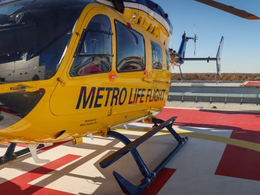 A Metro Life Flight helicopter on helipad