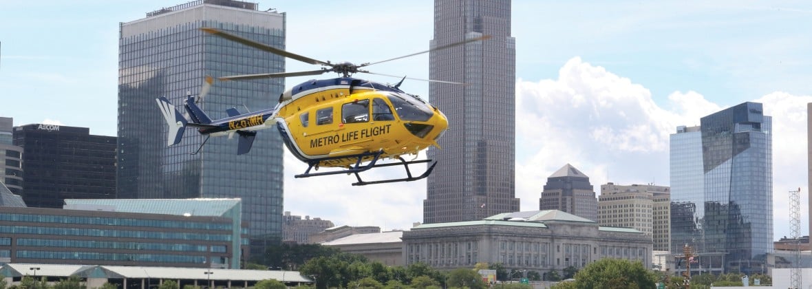 The Metro Life Flight Chopper landing with the Cleveland skyline in the background