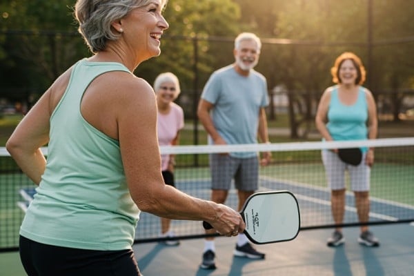 Four people playing pickleball