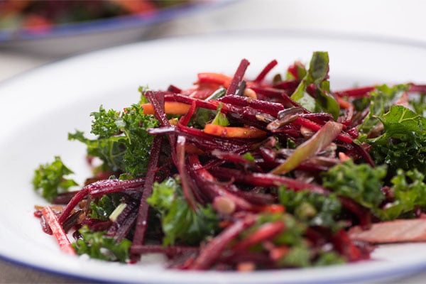 A salad of beets and spring greens