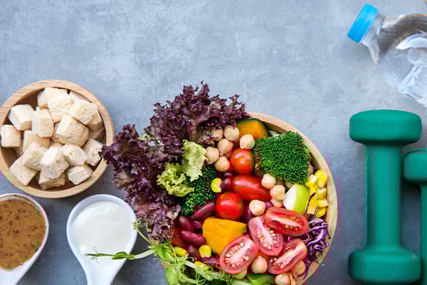 Healthy foods and exercise weights